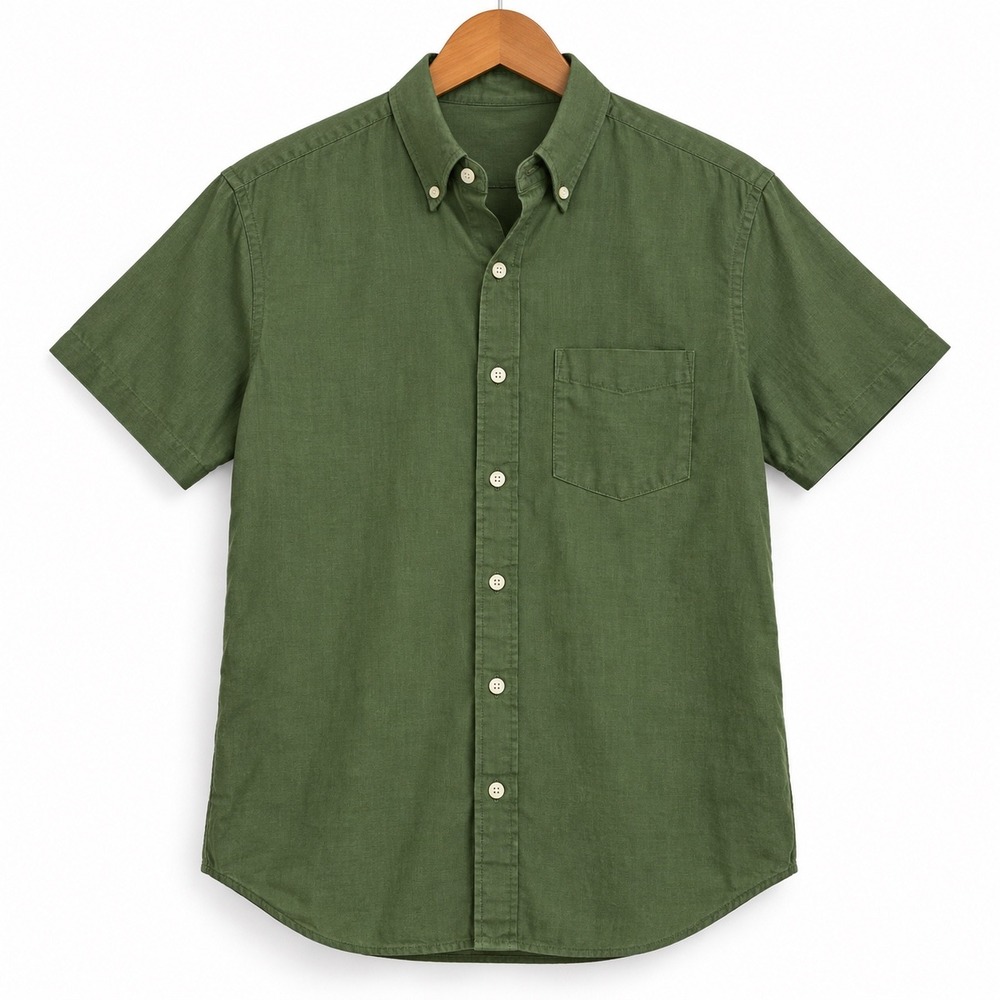 J.Crew Mens XL Slim Olive Green Linen Cotton Short Sleeve Button Down Shirt